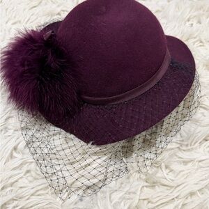 Vintage Fascinator  Plum Hat with Veil and Pom-Pom